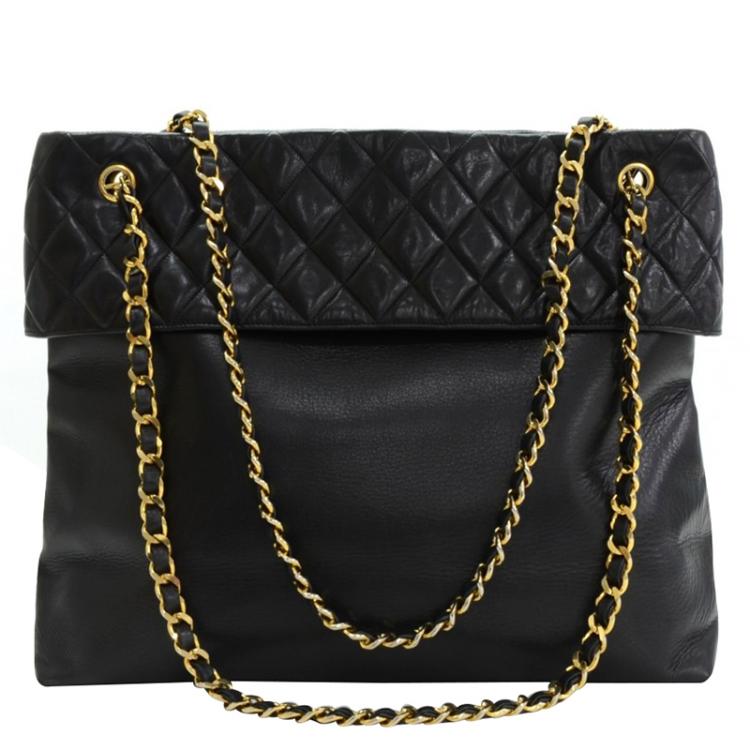 Pre Owned Chanel Black Lambskin Leather Large Flap Shopper Tote
