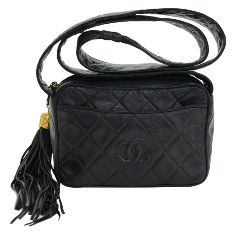 Chanel Vintage Chanel 7 Black Quilted Leather Tassel Pochette