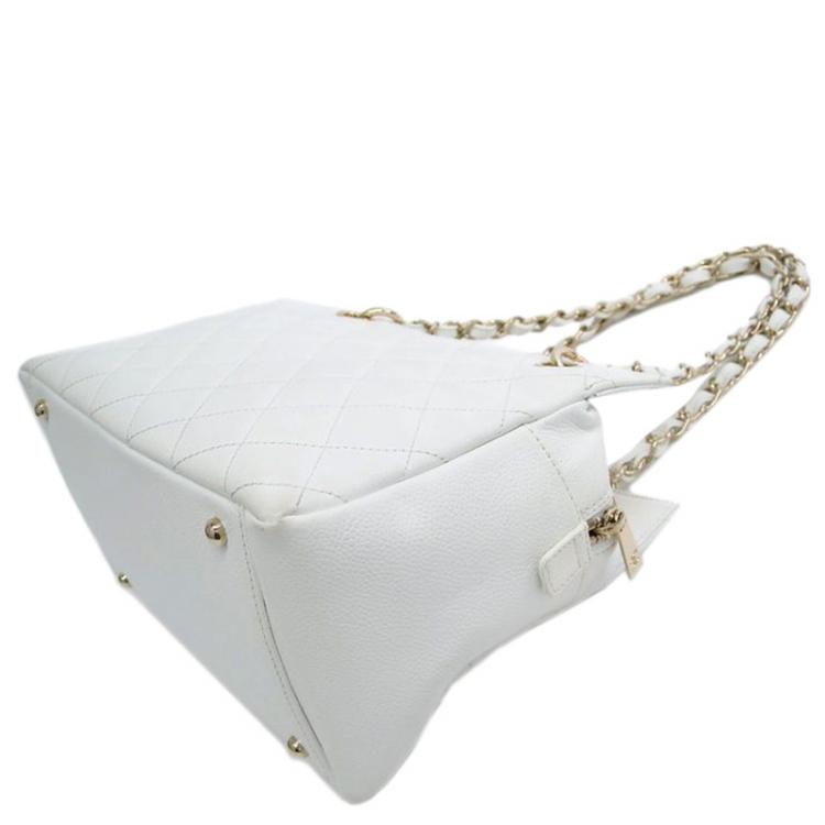 Pre Owned Chanel White Quilted Caviar Leather Petite Timeless Shopper Tote