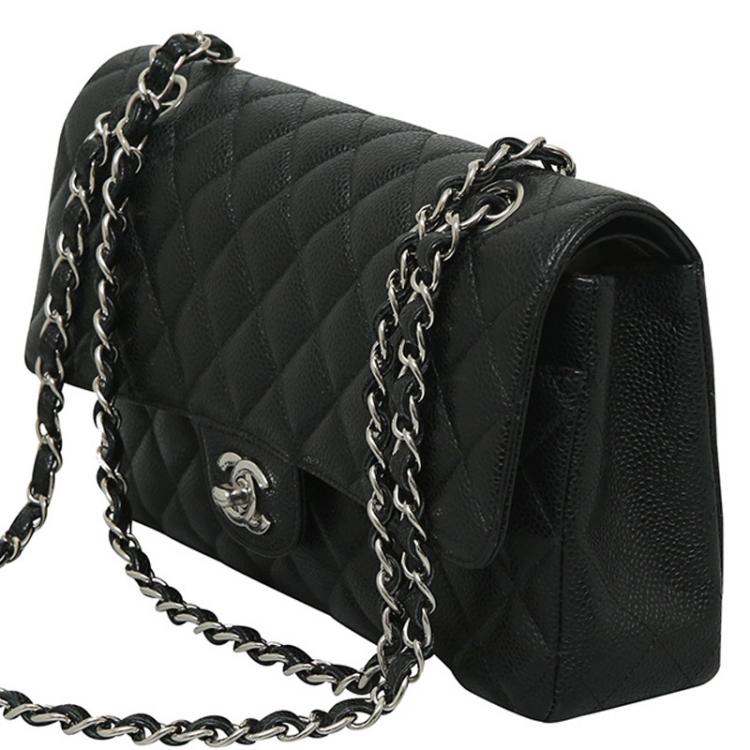 Pre Owned Chanel Black Quilted Caviar Classic Medium Single Flap Bag