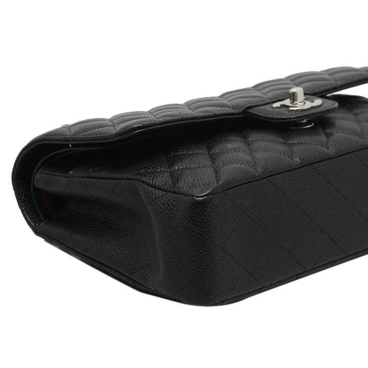 Pre Owned Chanel Black Quilted Caviar Classic Medium Single Flap Bag