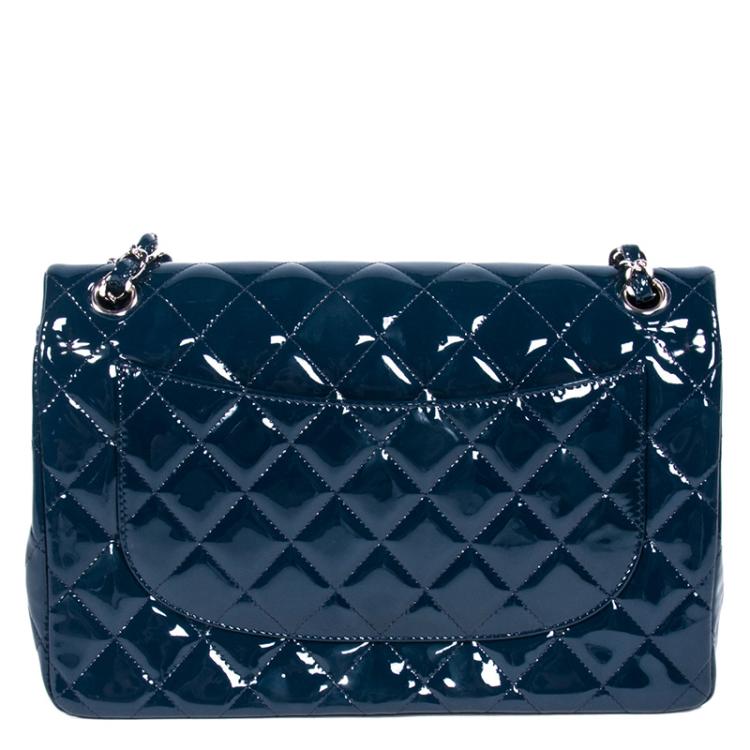 Chanel Dark Blue Quilted Patent Leather Jumbo Classic Double Flap Bag Chanel