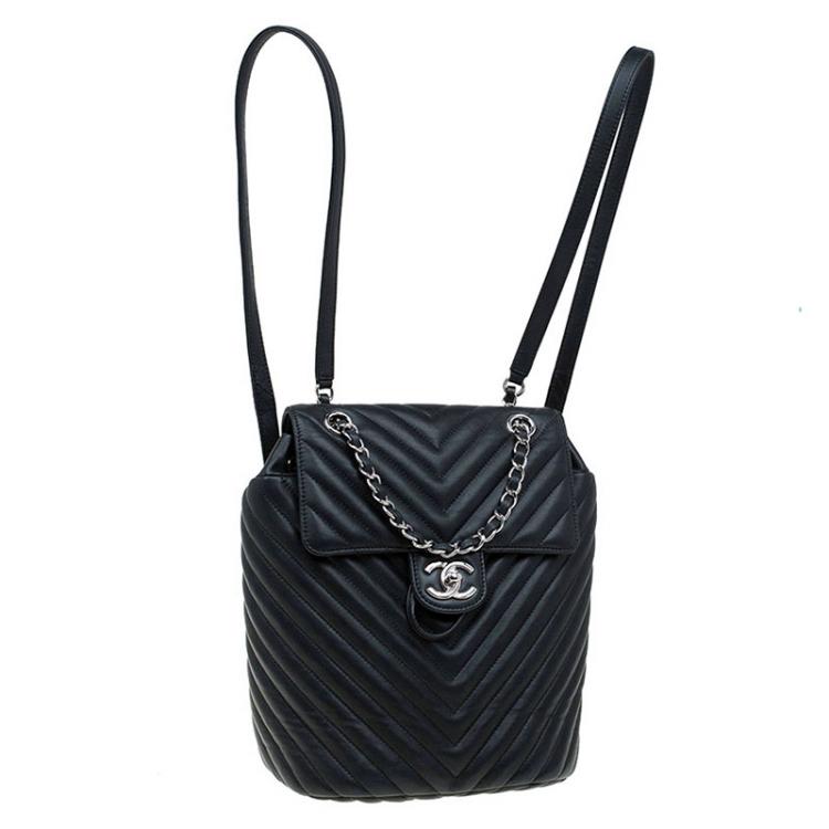 Pre Owned Chanel Black Chevron Leather Classic Backpack 