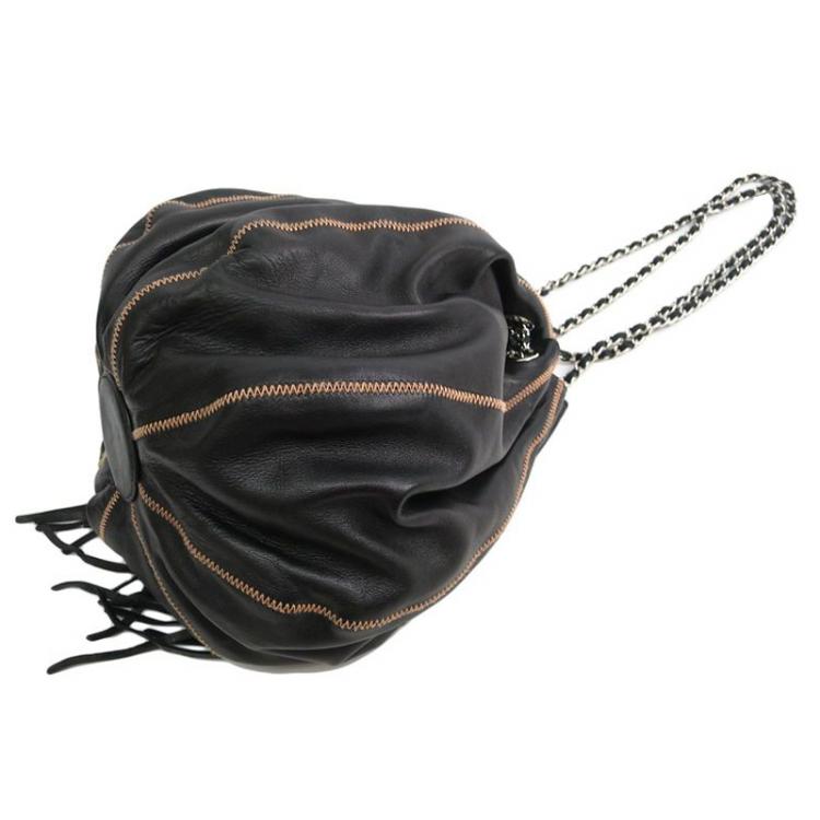 Pre Owned Chanel Black Lambskin Leather Drawstring Hobo