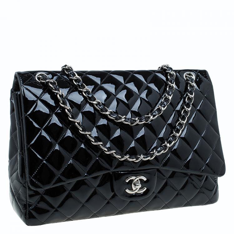 Pre Owned Chanel Black Quilted Patent Leather Maxi Classic Single Flap Bag
