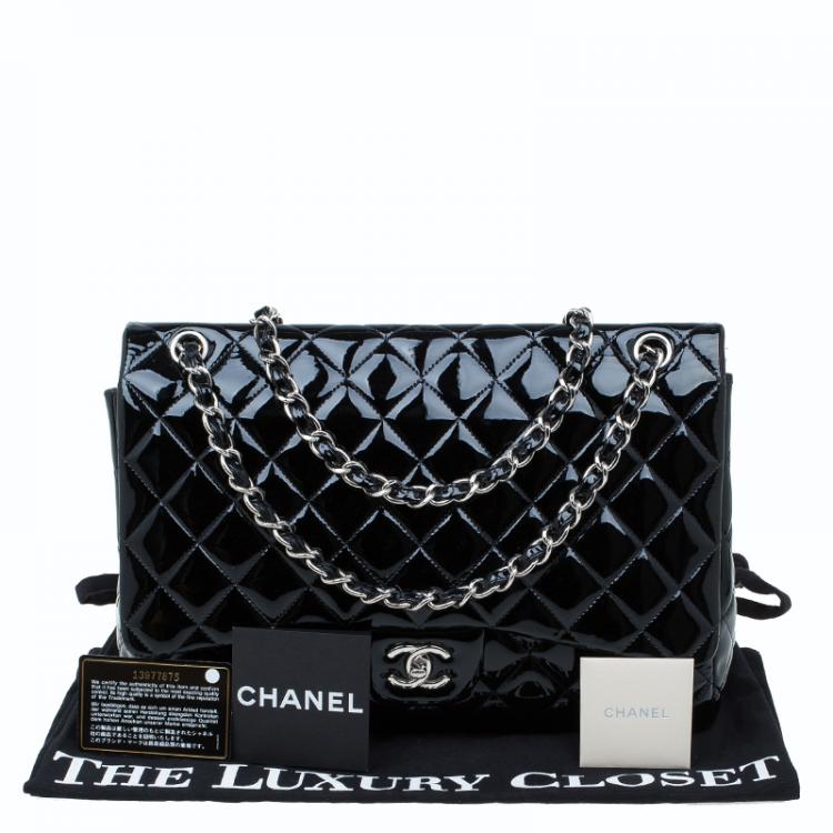 Pre Owned Chanel Black Quilted Patent Leather Maxi Classic Single Flap Bag