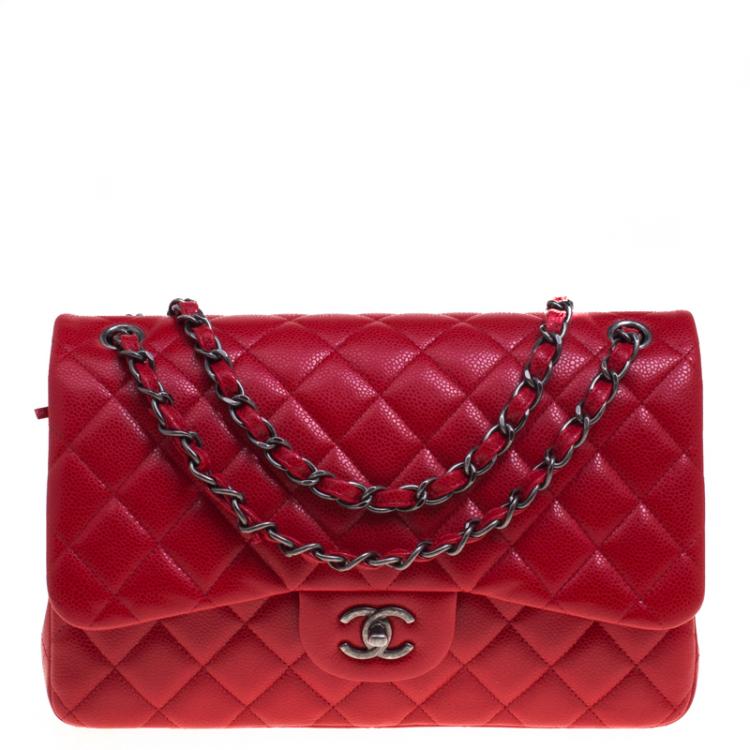 Chanel Red Quilted Caviar Leather Jumbo Classic Double Flap Bag