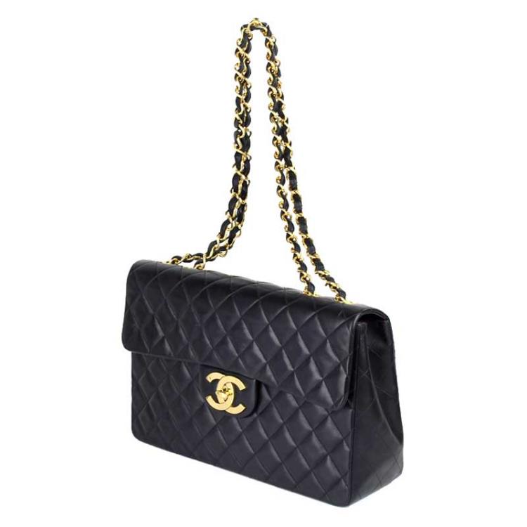 Pre Owned Chanel Black Quilted Lambskin Maxi Jumbo Vintage Classic Flap Bag