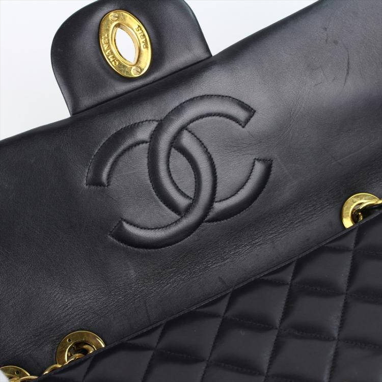 Pre Owned Chanel Black Quilted Lambskin Maxi Jumbo Vintage Classic Flap Bag