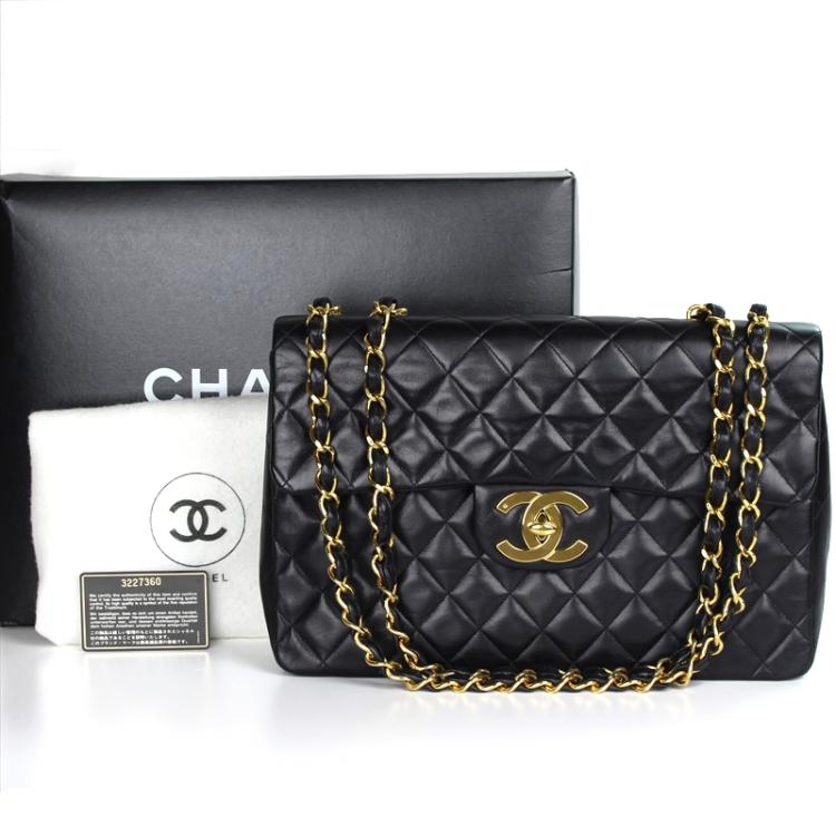 Pre Owned Chanel Black Quilted Lambskin Maxi Jumbo Vintage Classic Flap Bag