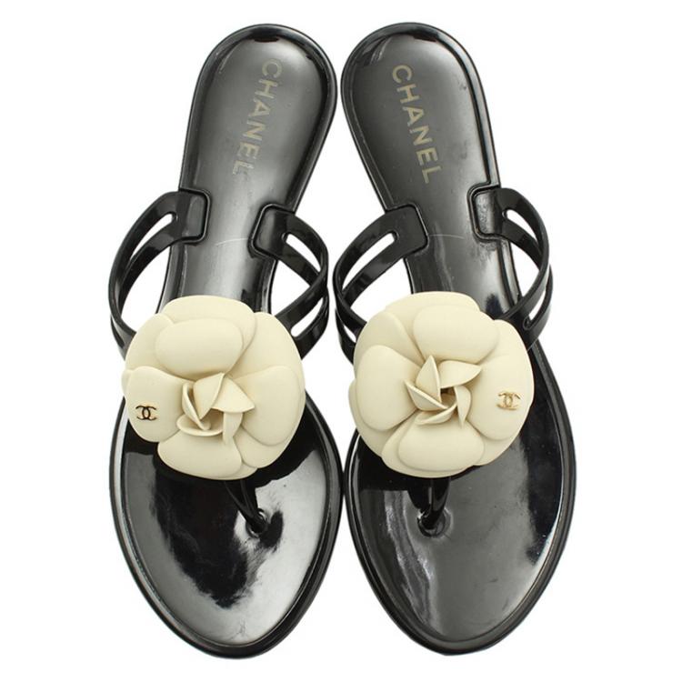 Chanel Black and White Jelly Camellia Thong Sandals Size 38 Chanel