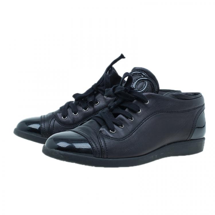 Pre Owned Chanel Black Patent Leather CC Sneakers Size 37.5