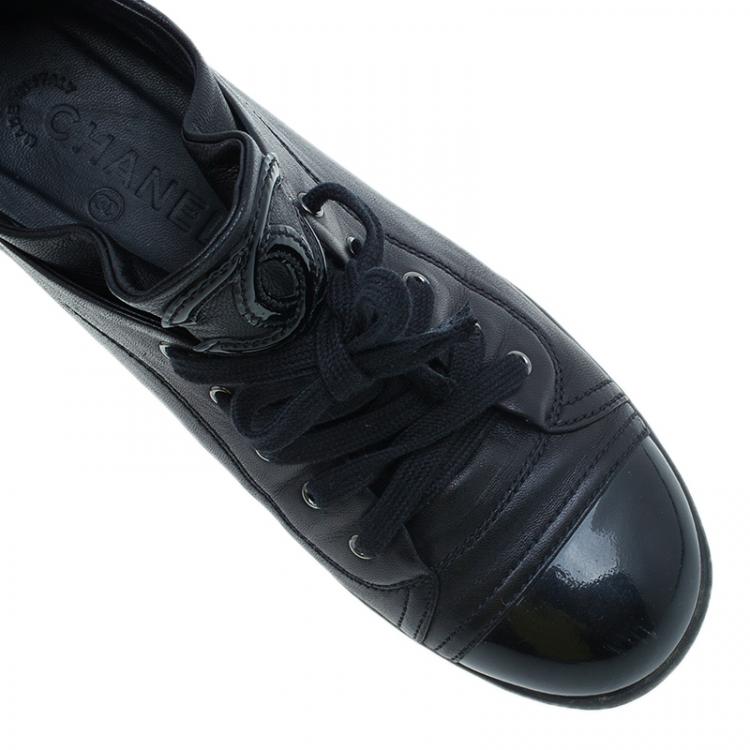 Pre Owned Chanel Black Patent Leather CC Sneakers Size 37.5