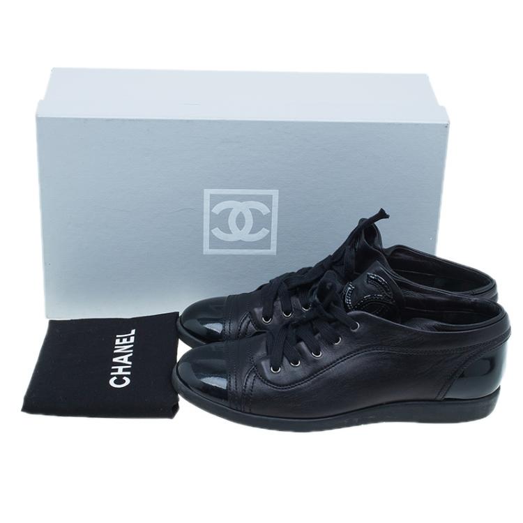 Pre Owned Chanel Black Patent Leather CC Sneakers Size 37.5