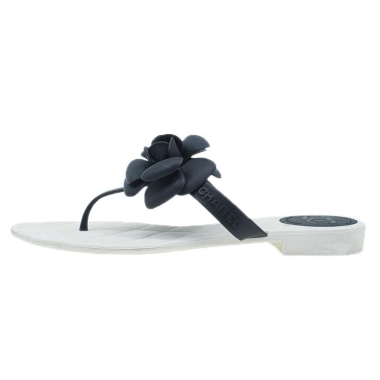 Chanel White and Black Camellia Flower Jelly Quilted Thong Sandals
