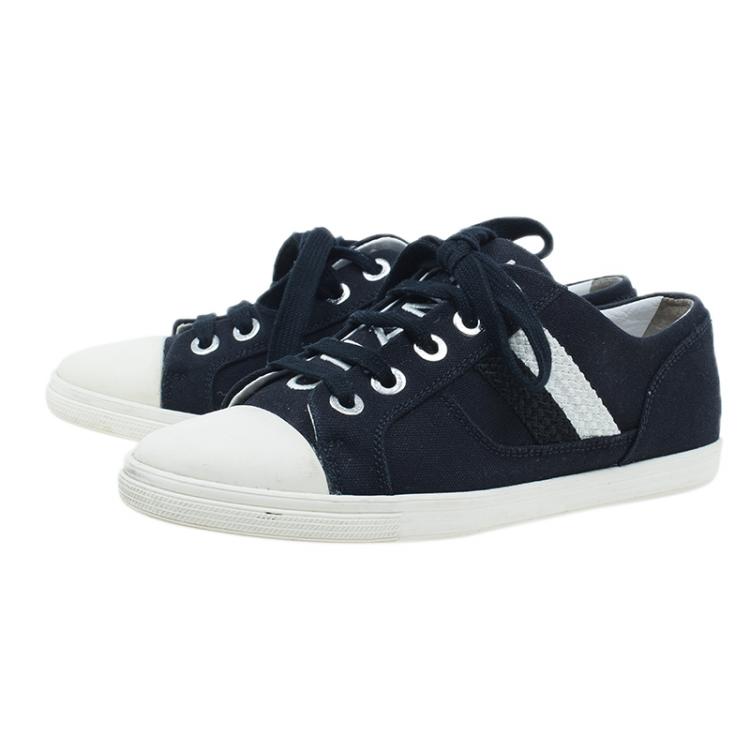 Pre Owned Chanel Black and White Striped Canvas Sneakers Size 37.5