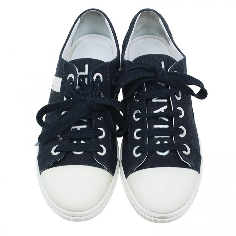 Pre Owned Chanel Black and White Striped Canvas Sneakers Size 37.5