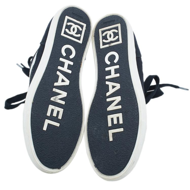 Pre Owned Chanel Black and White Striped Canvas Sneakers Size 37.5