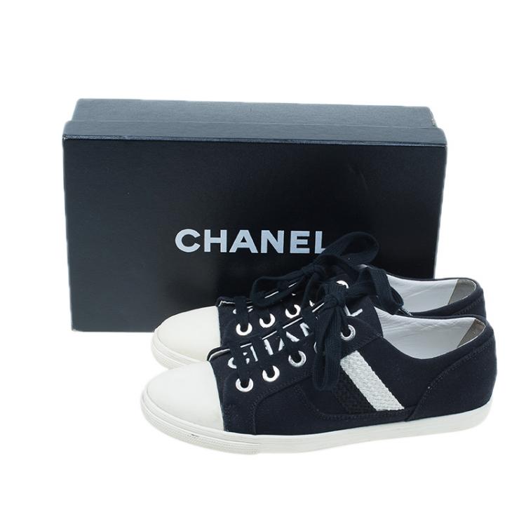 Pre Owned Chanel Black and White Striped Canvas Sneakers Size 37.5