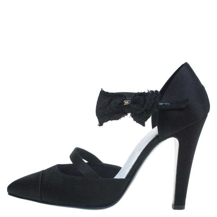 Chanel Black Satin and Lace Bow Detail Mary Jane Pumps Size 39