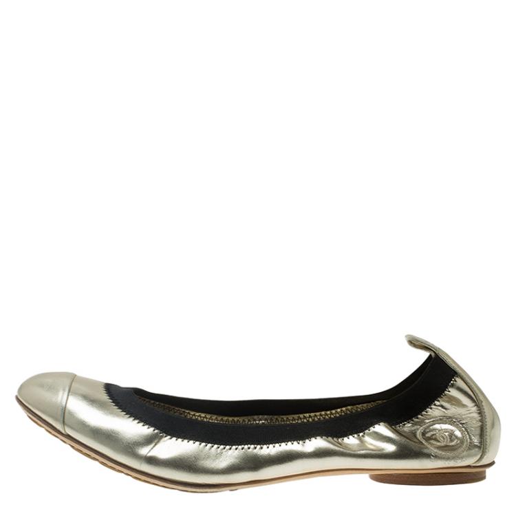 Chanel Gold Leather Elastic Cap Toe Ballet Flats Size 39 Chanel