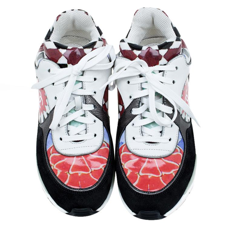Pre Owned Chanel Multicolor Printed Leather and Suede CC Sneakers Size 37.5