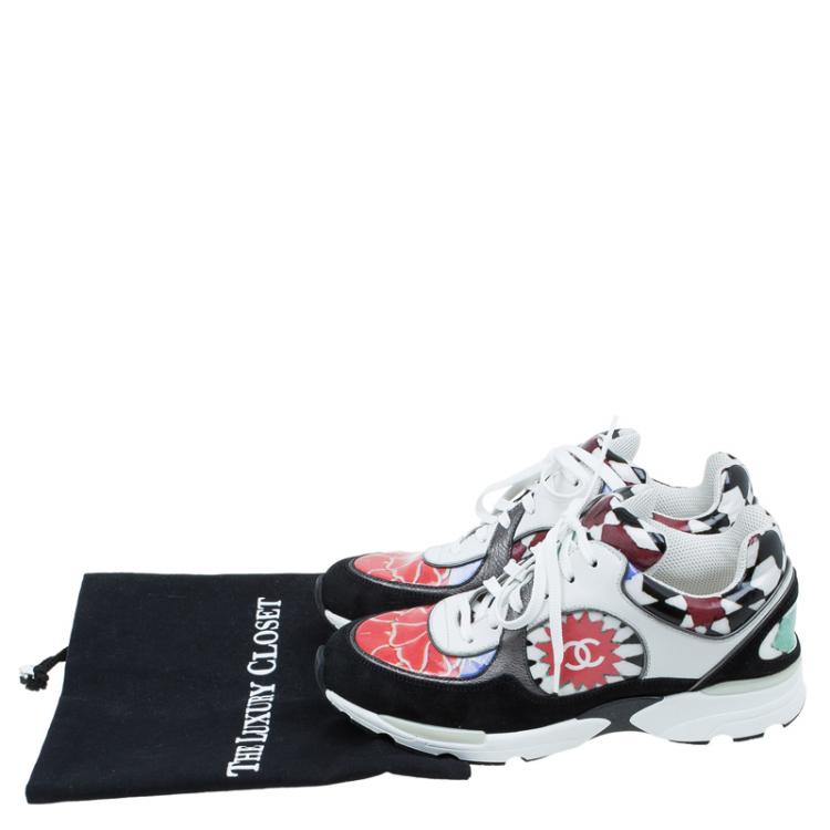 Pre Owned Chanel Multicolor Printed Leather and Suede CC Sneakers Size 37.5