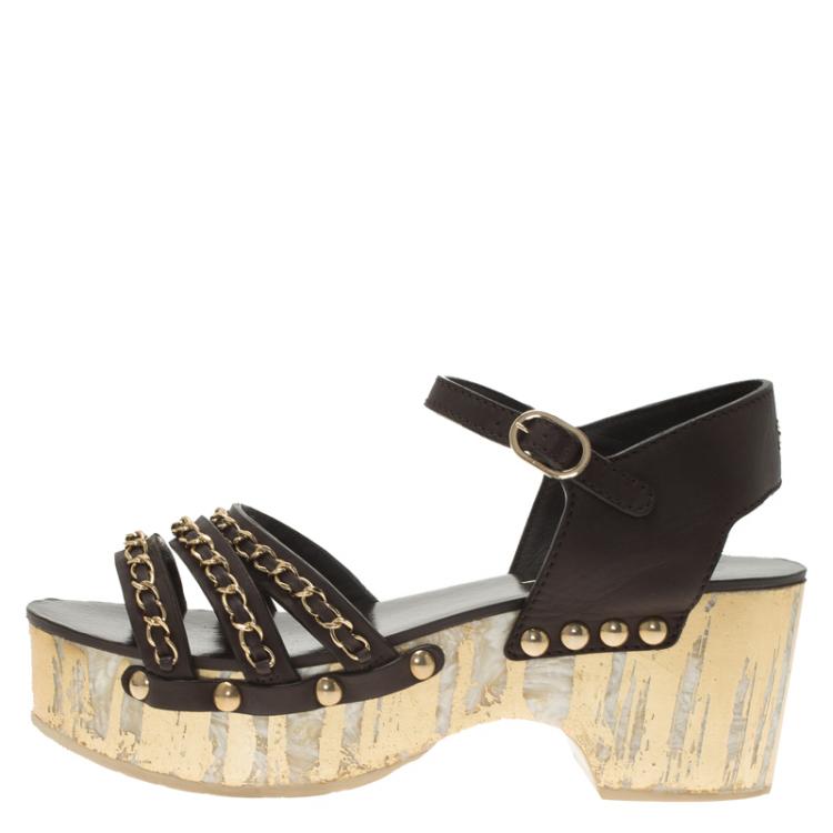 Chanel Brown Leather Chain Detail Ankle Strap Platform Sandals