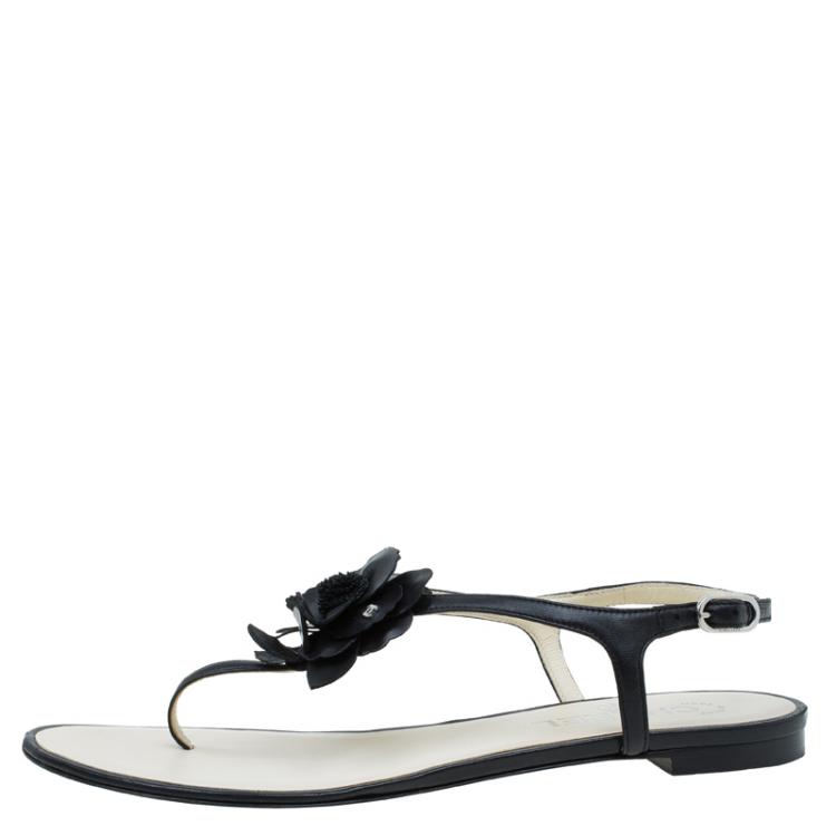 Chanel Black Leather Camellia Thong Sandals Size 39.5 Chanel