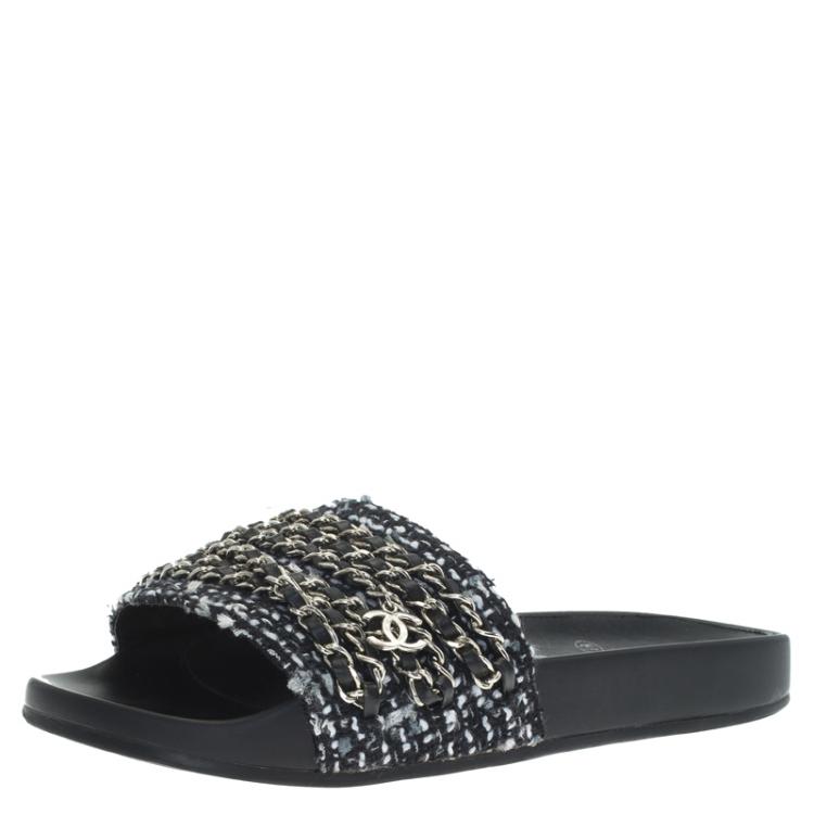 Chanel Black Tweed Tropiconic Chain Detail Slides Sandals Size 39 Chanel |  The Luxury Closet