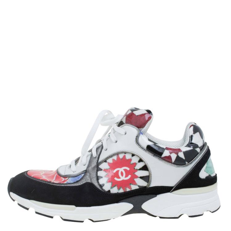 Pre Owned Chanel Multicolor Printed Leather and Suede CC Sneakers Size 39.5