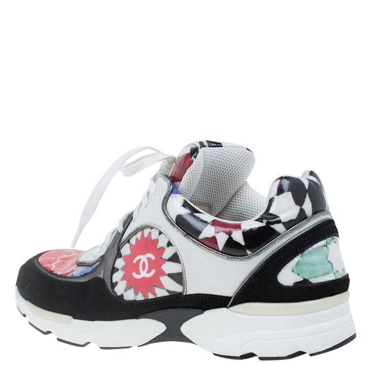 Pre Owned Chanel Multicolor Printed Leather and Suede CC Sneakers Size 39.5