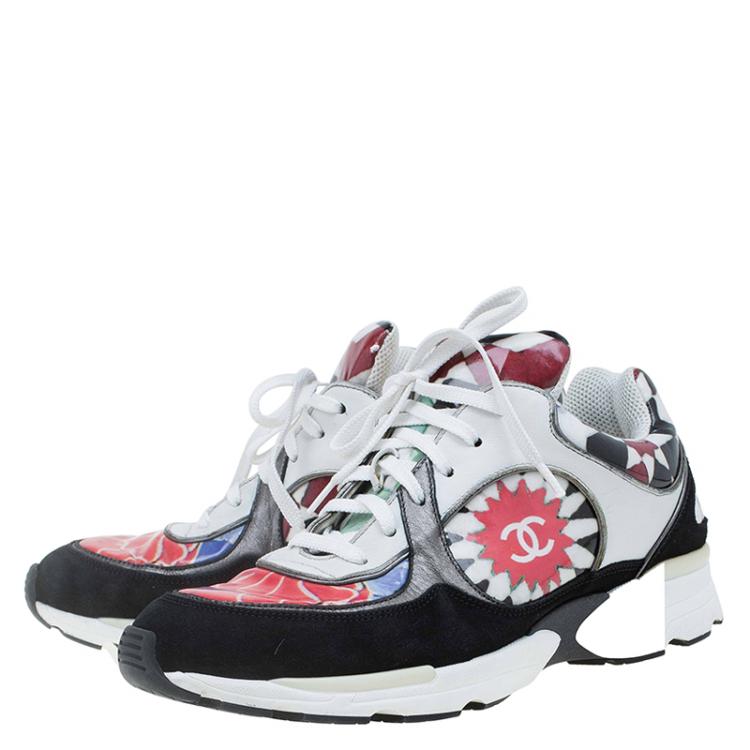 Pre Owned Chanel Multicolor Printed Leather and Suede CC Sneakers Size 39.5