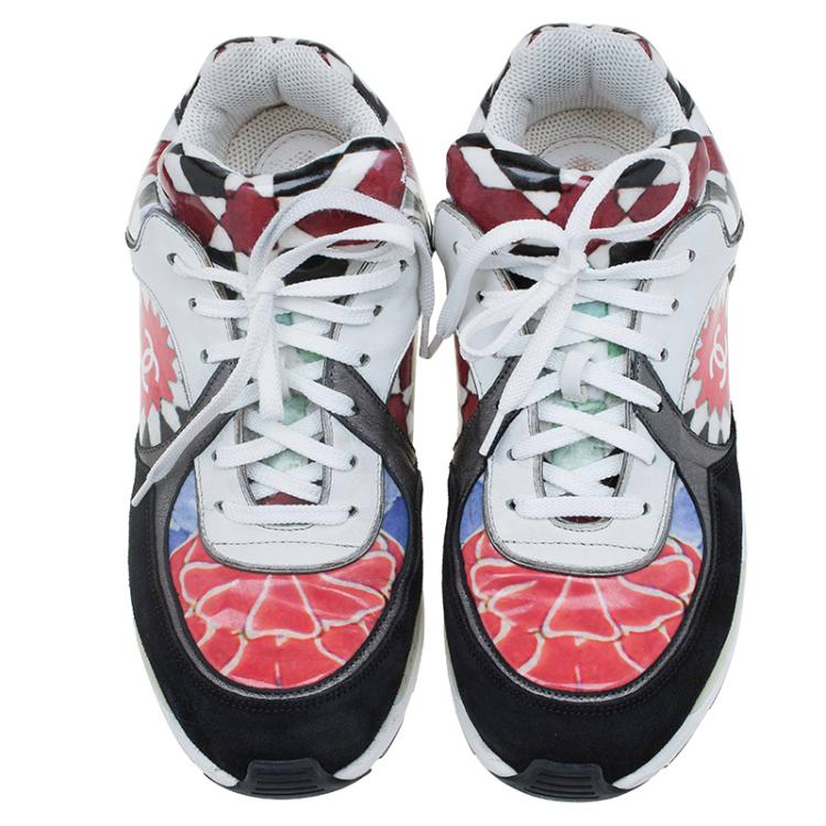 Pre Owned Chanel Multicolor Printed Leather and Suede CC Sneakers Size 39.5