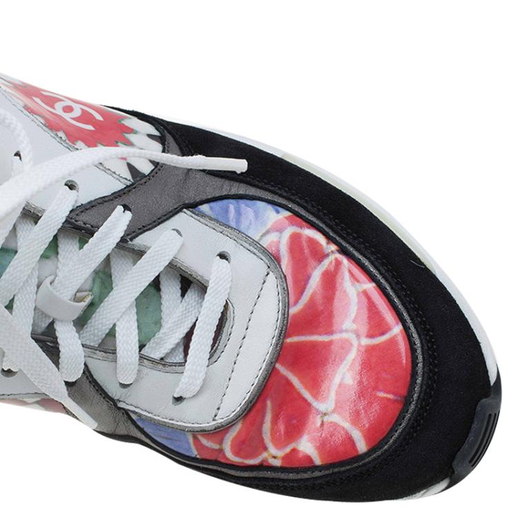 Pre Owned Chanel Multicolor Printed Leather and Suede CC Sneakers Size 39.5