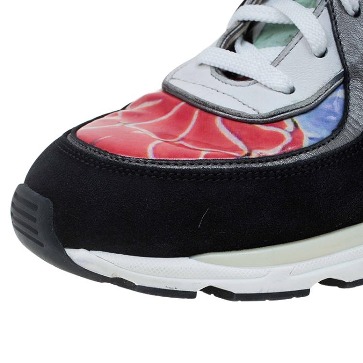 Pre Owned Chanel Multicolor Printed Leather and Suede CC Sneakers Size 39.5