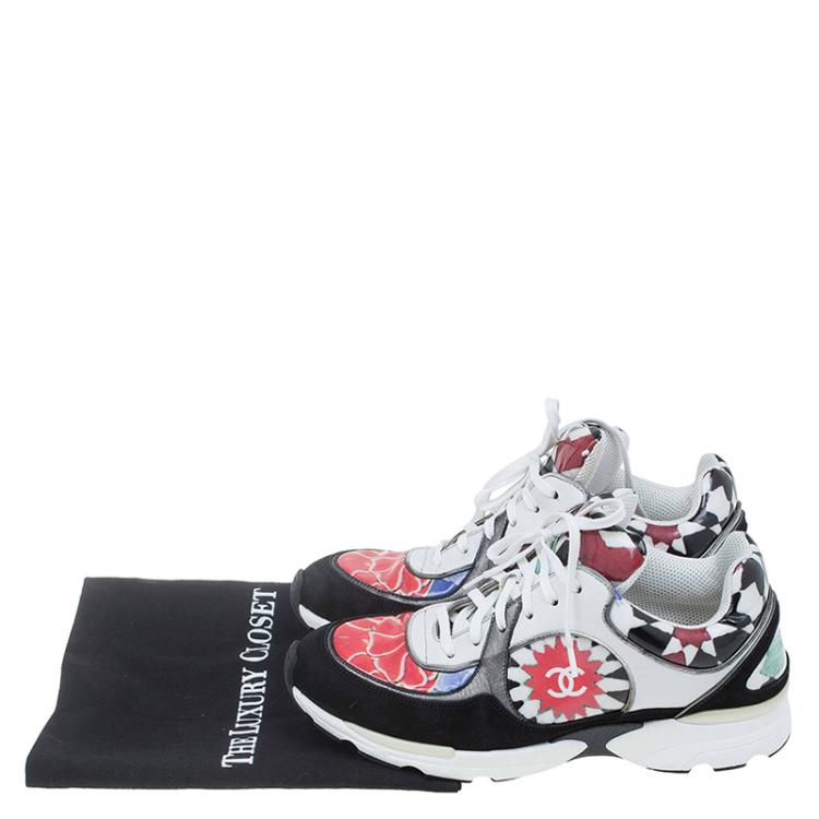 Pre Owned Chanel Multicolor Printed Leather and Suede CC Sneakers Size 39.5