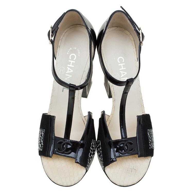 Chanel Black Patent And Suede Block Heel  T- Strap Sandals Size 37