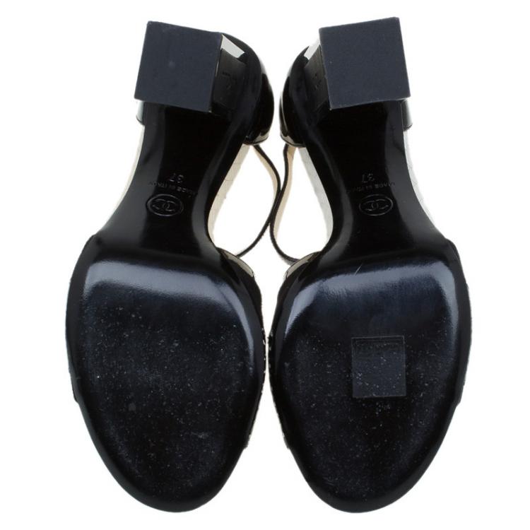 Chanel Black Patent And Suede Block Heel  T- Strap Sandals Size 37