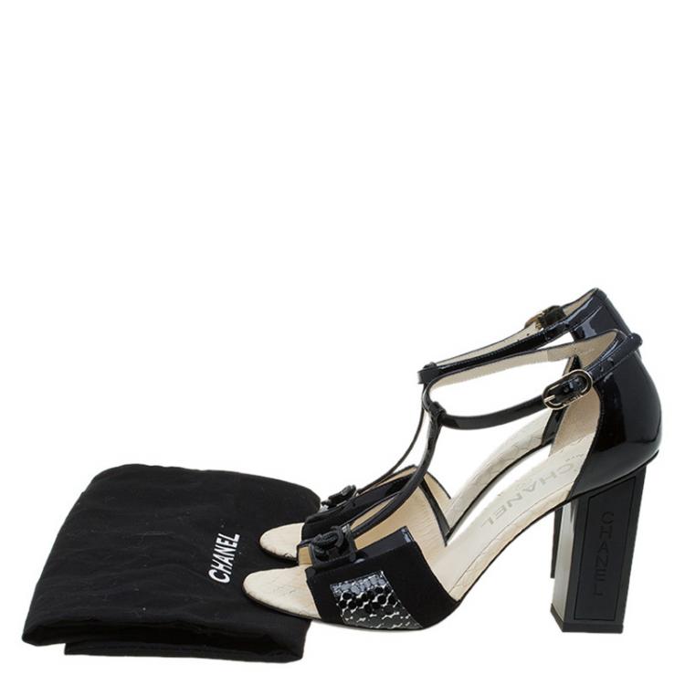 Chanel Black Patent And Suede Block Heel  T- Strap Sandals Size 37