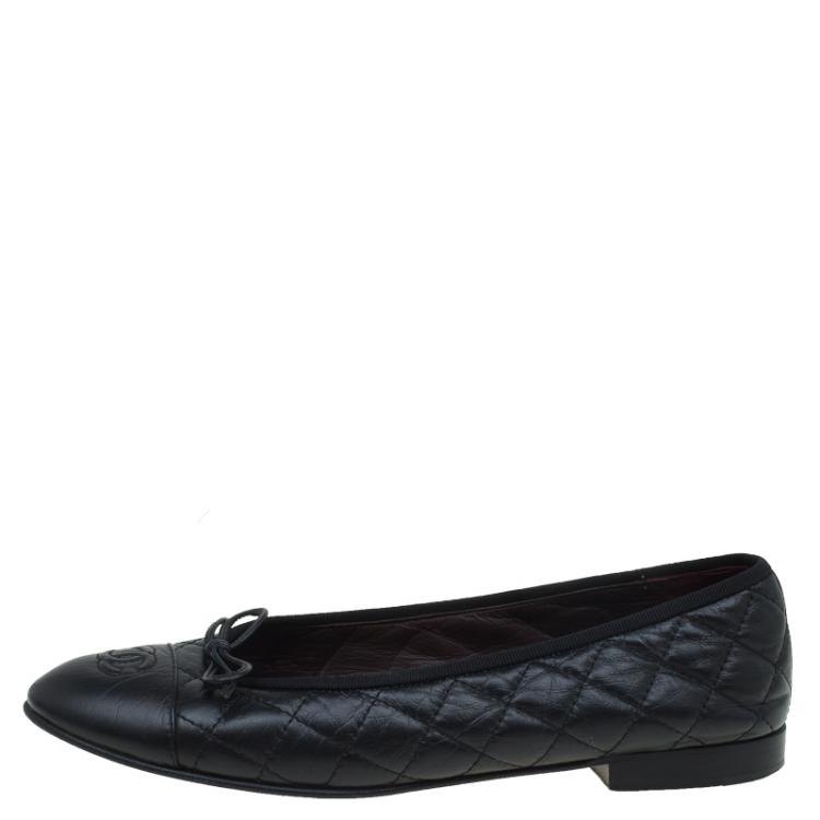 Chanel Black Quilted Leather CC Bow Ballet Flats Size 40 Chanel