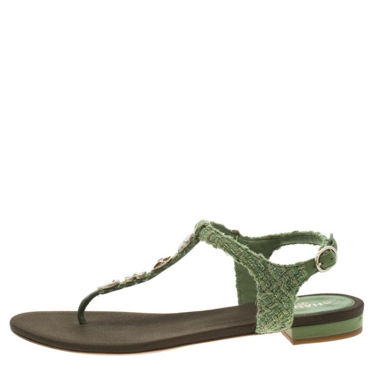 Chanel Green Embellished Tweed Fabric T-Strap Thong Sandals Size 38 Chanel  | TLC