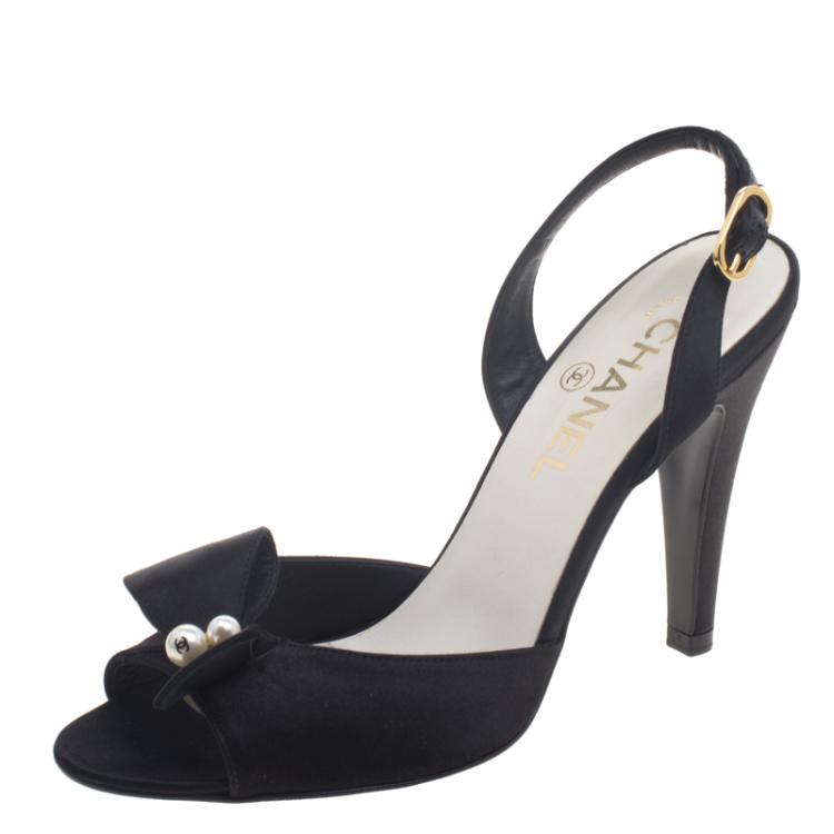 Chanel Black Satin Pearl Embellished Bow Peep Toe Slingback Sandals Size  37.5 Chanel | The Luxury Closet