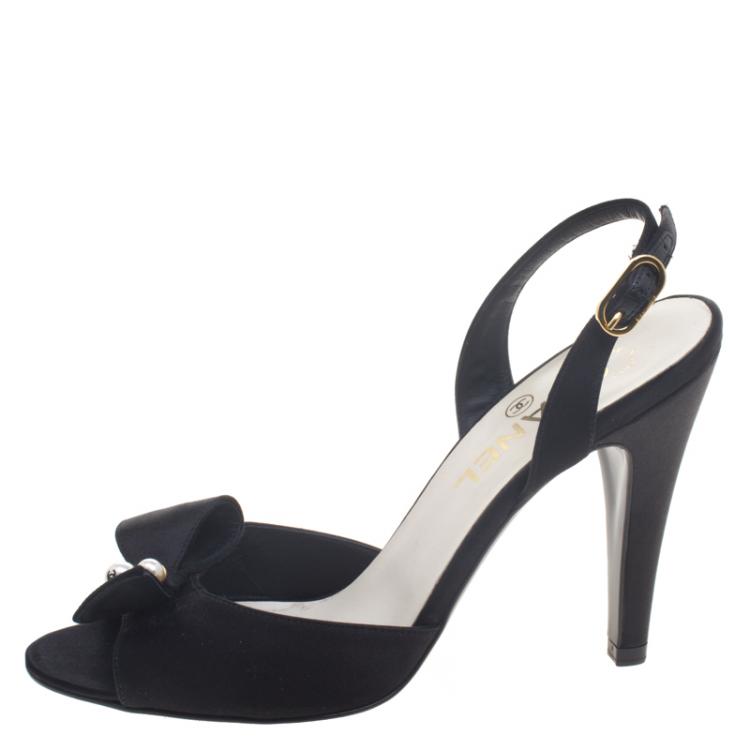 Chanel Black Satin Pearl Embellished Bow Peep Toe Slingback Sandals Size   Chanel | TLC