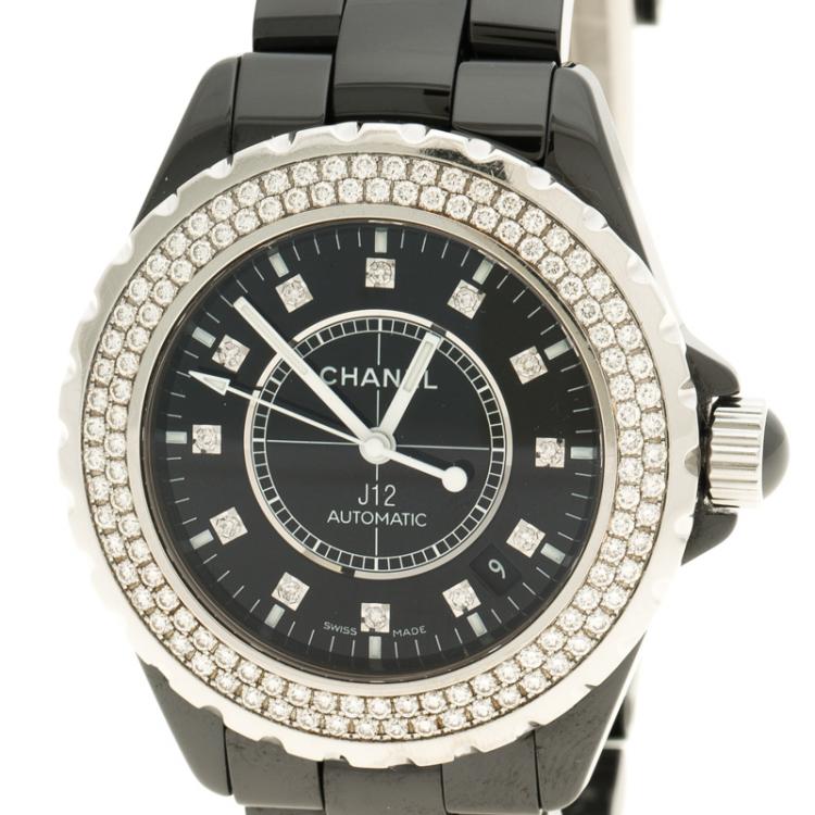 Pre Owned Chanel Black Ceramic J12 Diamonds Women's Wristwatch 39 mm