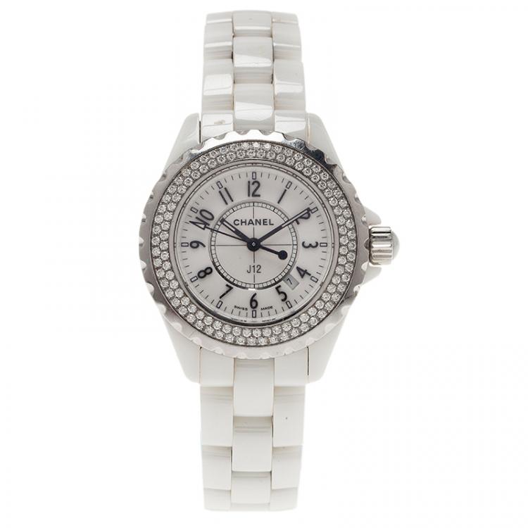 Pre Owned Chanel White Ceramic J12 Diamond H0967 Women's Wristwatch 33MM
