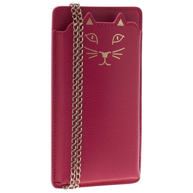 Pre Owned Charlotte Olympia Magenta Leather Feline iPhone 6 Case with Chain