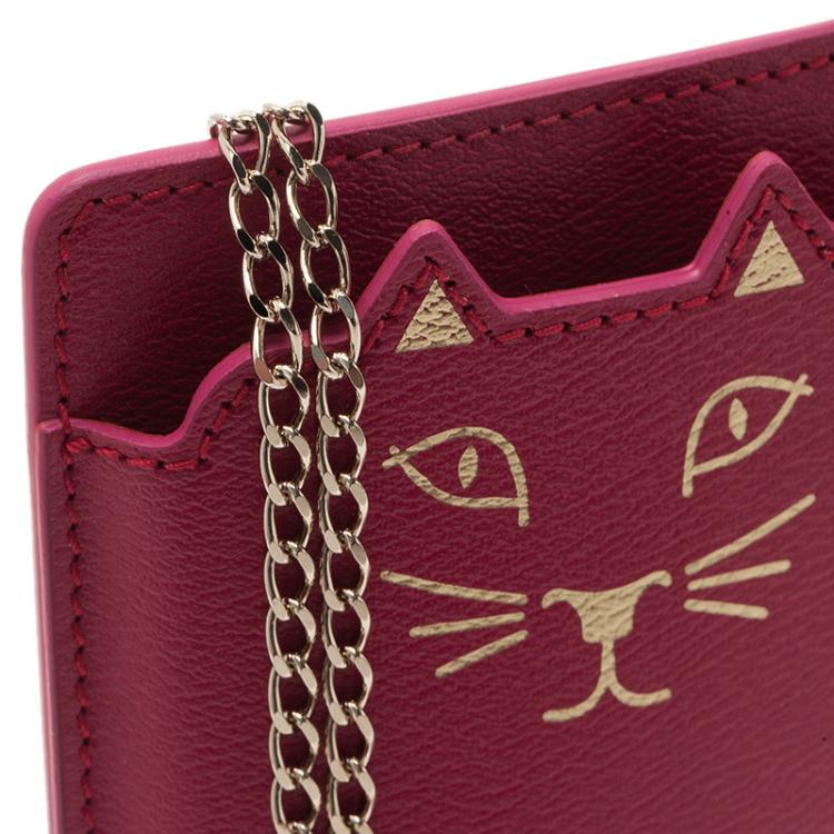 Pre Owned Charlotte Olympia Magenta Leather Feline iPhone 6 Case with Chain