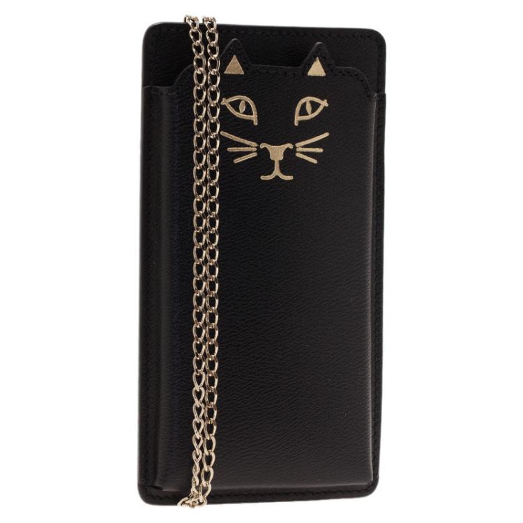 Pre Owned Charlotte Olympia Black Leather Feline iPhone 6 Case with Chain