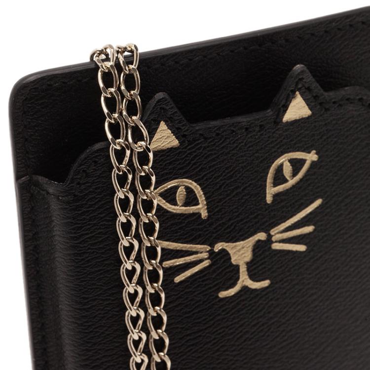 Pre Owned Charlotte Olympia Black Leather Feline iPhone 6 Case with Chain